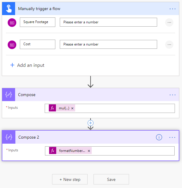 Capture d’écran du flux terminé avec le déclencheur Déclencher manuellement un flux et les actions Composer et Composer 2.