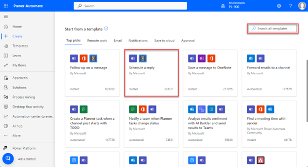 Capture d’écran de Power Automate Maker Portal avec les modèles disponibles, une fois Outlook sélectionné comme source de données.