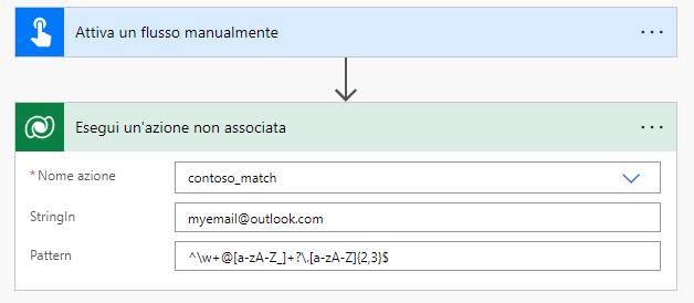 Capture d’écran illustrant le flux avec le déclencheur et l’étape d’exécution d’une action non liée.