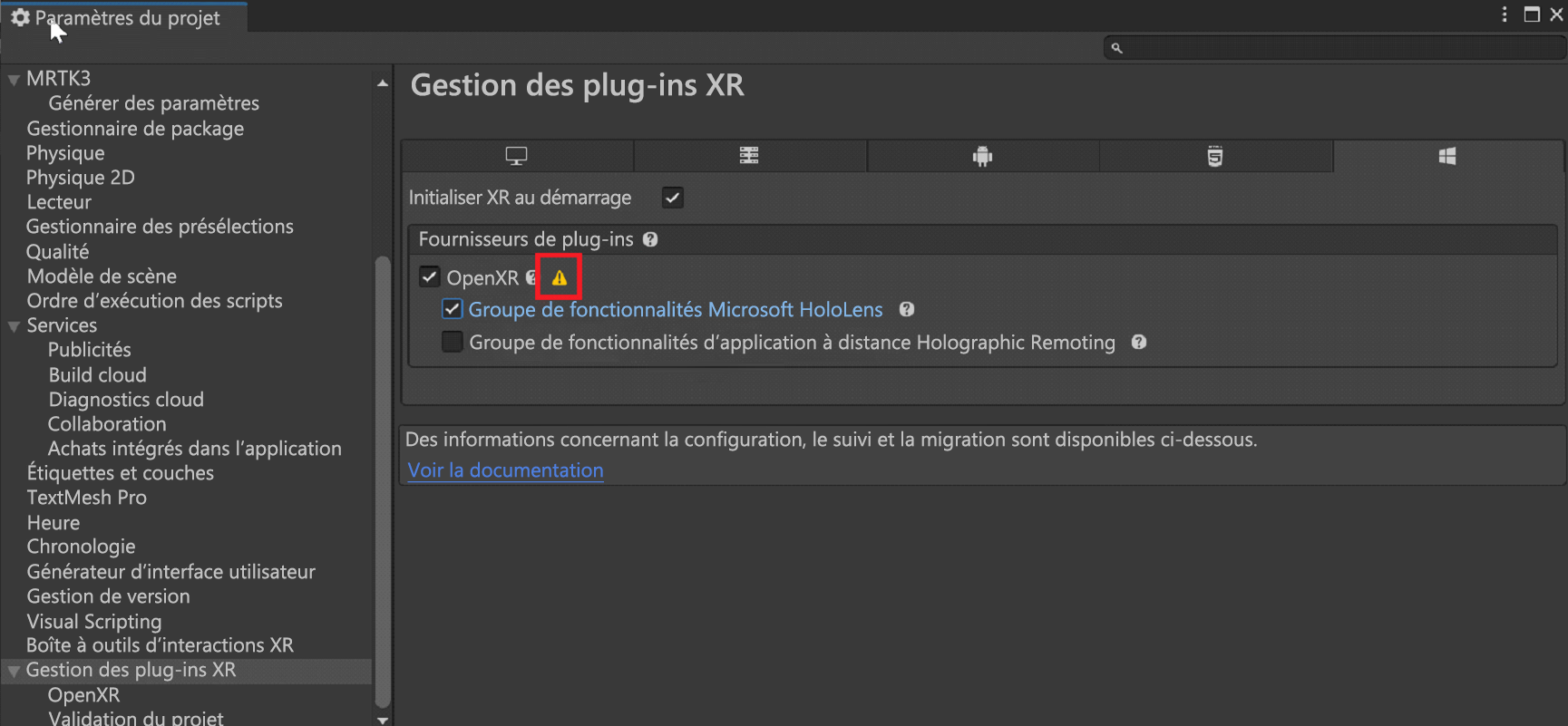 Screenshot of Open XR option.
