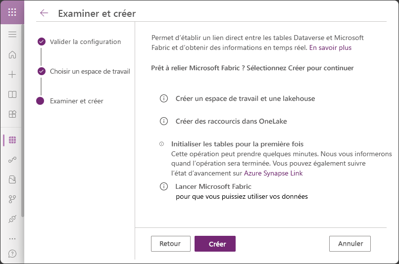 Capture d’écran de l’étape Examiner et créer dans l’Assistant Créer un lien vers Microsoft Fabric avec trois processus marqués. Le bouton Créer est activé.