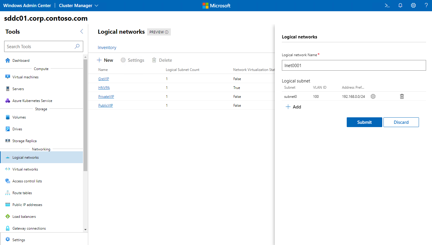 Screenshot of the logical networks pane in Windows Admin Center when creating an Azure Stack H C I tenant logical network.