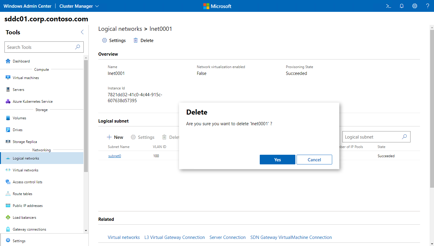 Screenshot of the logical networks pane in Windows Admin Center. A dialog box requests confirmation for deleting a tenant logical network.