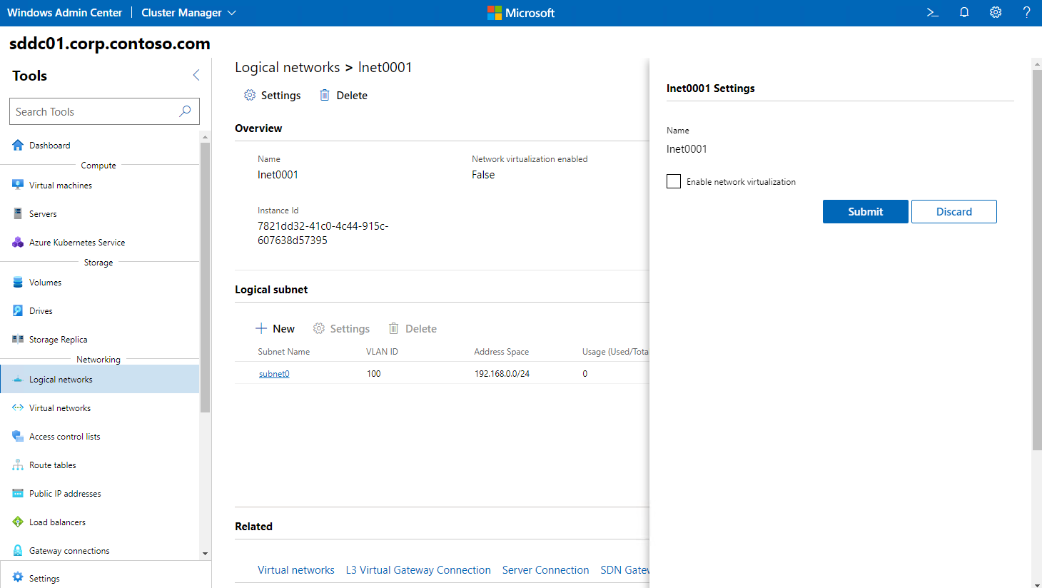 Screenshot of the logical networks pane in Windows Admin Center depicting modifications to the settings for the selected network.