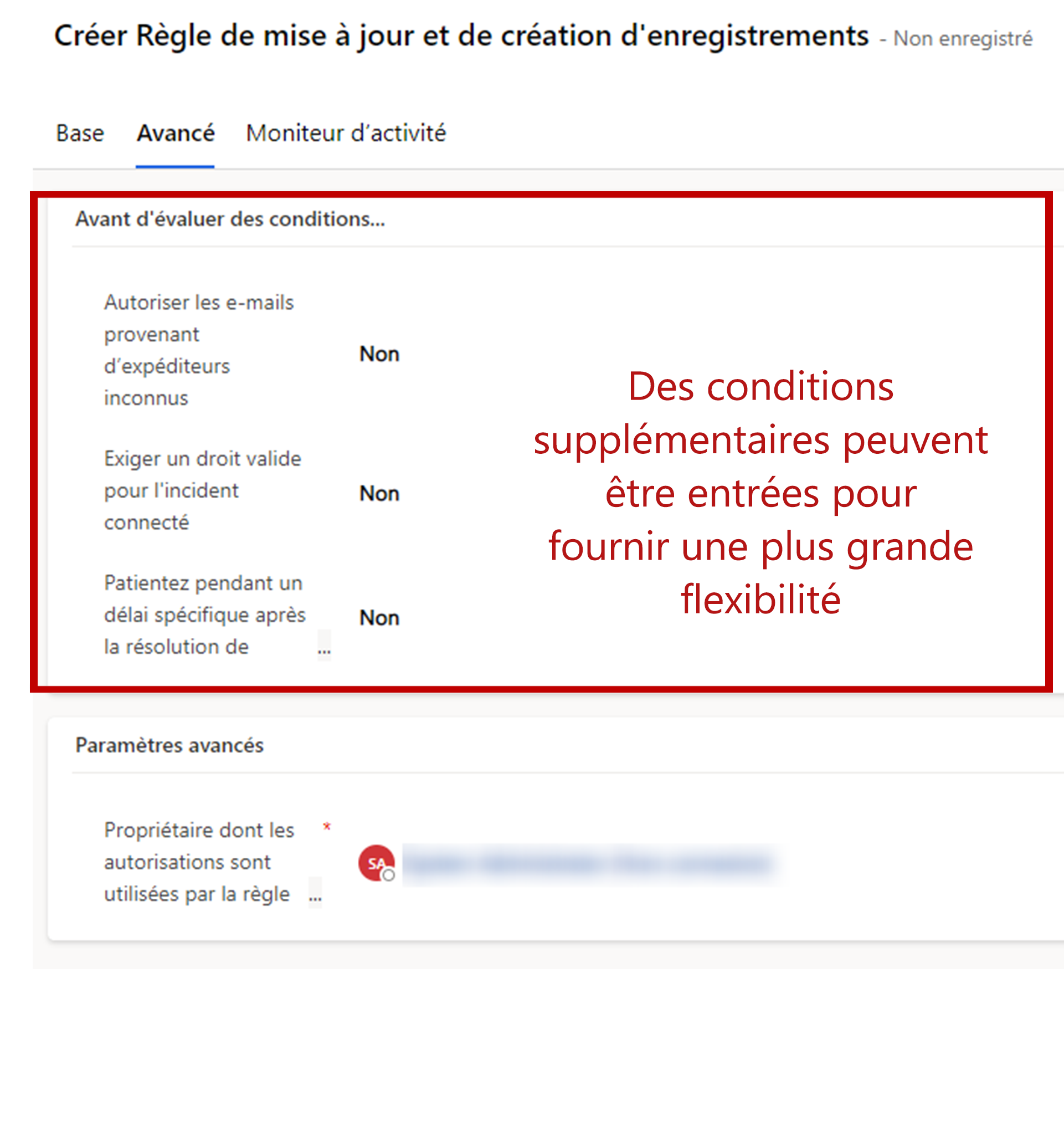 Capture d’écran de la fenêtre de la page Nouvelle règle de mise à jour et de création d’enregistrements, montrant l’onglet Avancé.