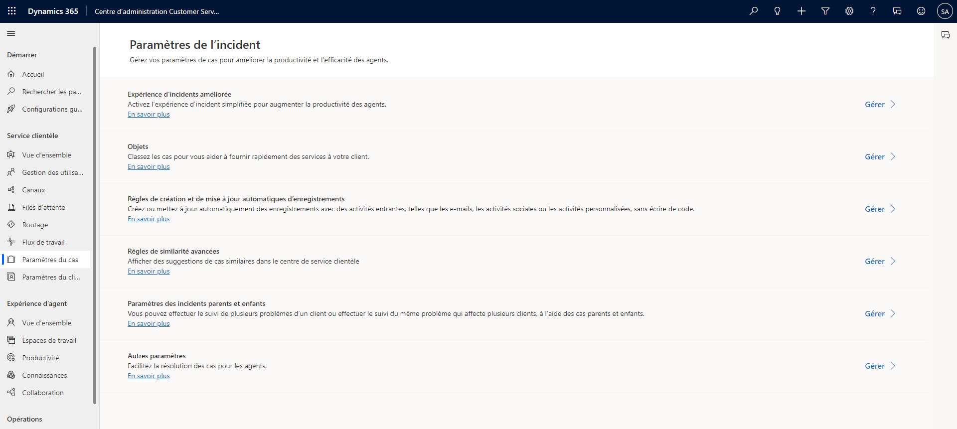 Capture d’écran de la page Paramètres de l’incident dans le Centre d’administration Dynamics 365 Customer Service.