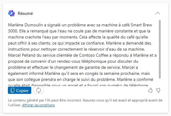 Capture d’écran d’un résumé d’incident de Copilot.
