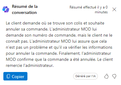 Capture d’écran d’un résumé de conversation de Copilot.