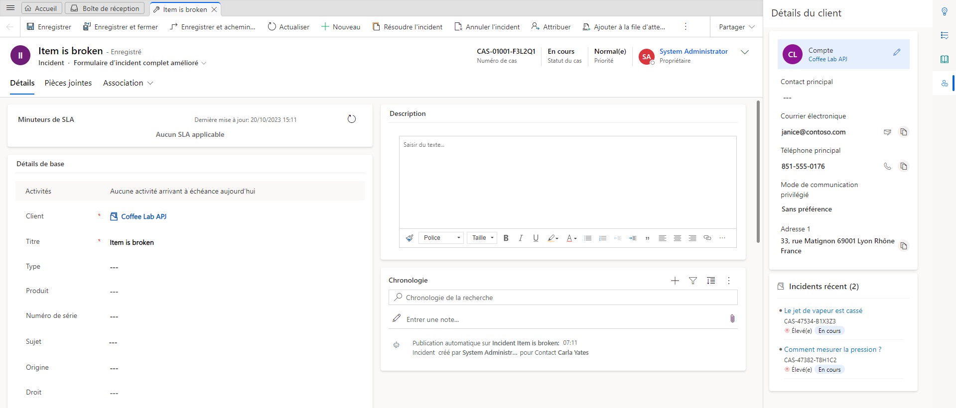 Capture d’écran de Dynamics 365 Customer Service workspace illustrant un formulaire Nouvel incident.