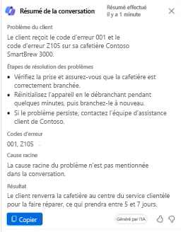 Capture d’écran d’un résumé de conversation structuré de Copilot.