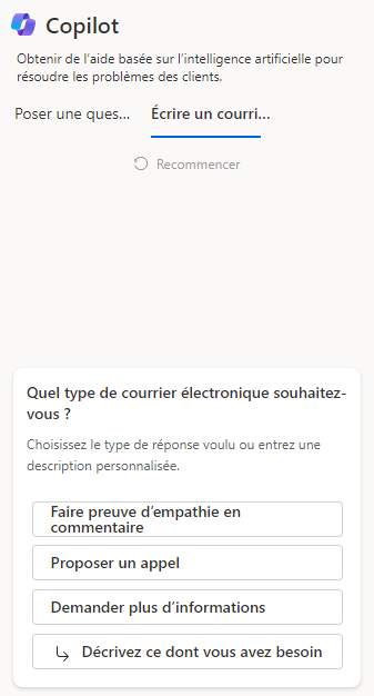 Capture d’écran de Copilot sur l’onglet Rédiger un e-mail.