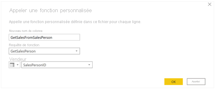 Fenêtre Appeler une fonction personnalisée