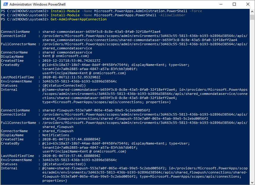 Capture d’écran de Windows PowerShell affichant les données renvoyées.