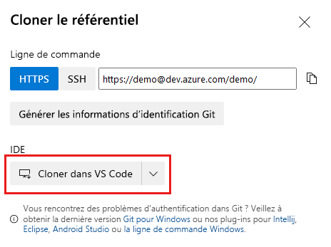 Screenshot of Azure DevOps that shows the repository settings and the button for cloning in Visual Studio Code.