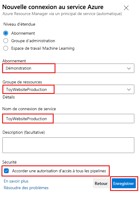 Screenshot of Azure DevOps that shows the page for creating a service connection for the production environment, with completed details.