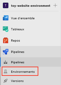 Screenshot of the Azure DevOps interface that shows the Pipelines menu and the Environments item.