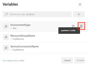 Screenshot of the Azure DevOps interface that shows the list of variables and the delete button.