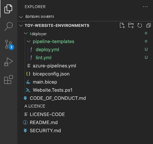 Screenshot of Visual Studio Code Explorer, with the pipeline-templates folder and the deploy dot YML file.