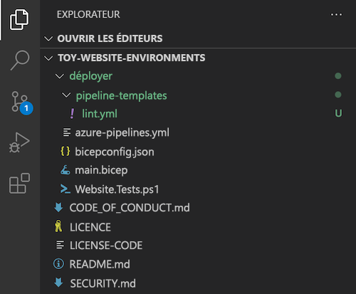 Screenshot of Visual Studio Code Explorer, with the pipeline-templates folder and the lint dot Y M L file.