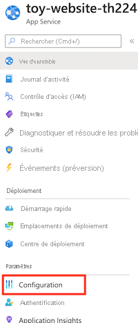 Screenshot of the Azure portal that shows the App Service app and the Configuration menu item.