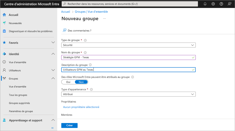 Screenshot of the Create Group feature in the Azure portal.