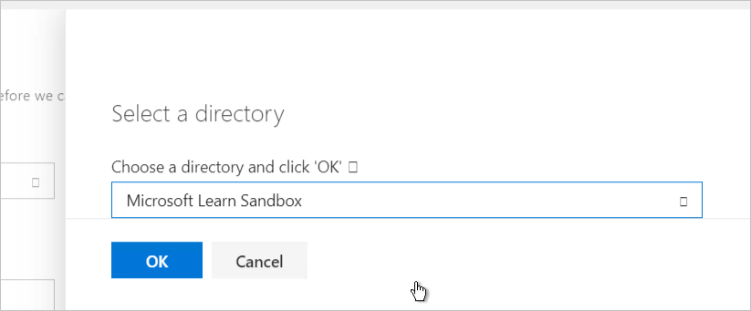 Capture de l’écran où vous sélectionnez un répertoire, avec Microsoft Learn Sandbox sélectionné.