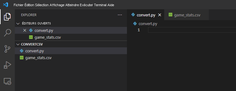 Screenshot of Visual Studio Code showing only File Explorer with two files and a portion of the editor pane with an empty Python file.