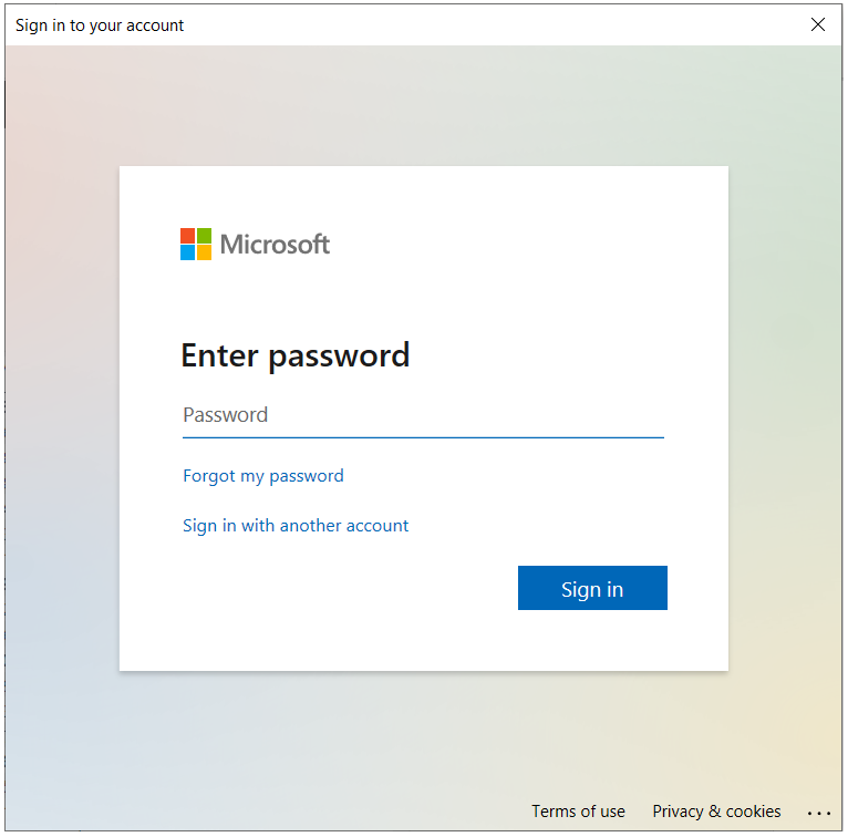 Capture d’écran de la fenêtre du mot de passe Power BI avec le bouton Se connecter.