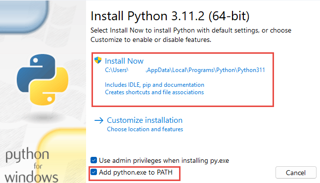Capture d’écran de la boîte de dialogue Installer Python.