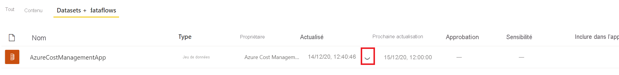 Capture d’écran montrant l’indicateur d’état d’actualisation des données.
