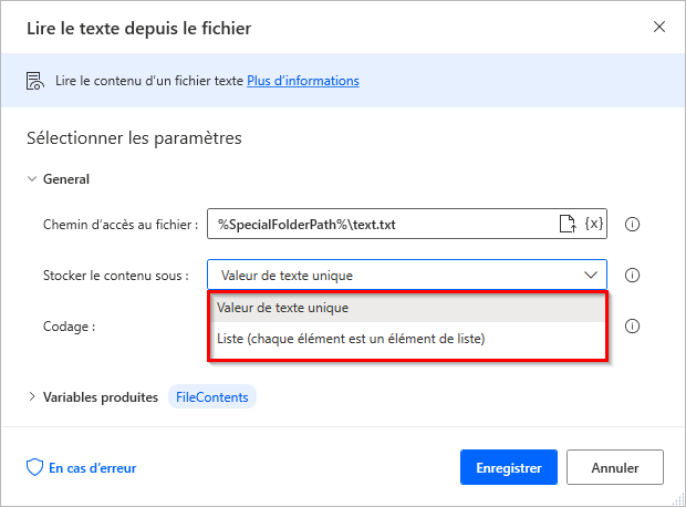 Capture d’écran de la boîte de dialogue des propriétés de l’action Lire le texte depuis le fichier.