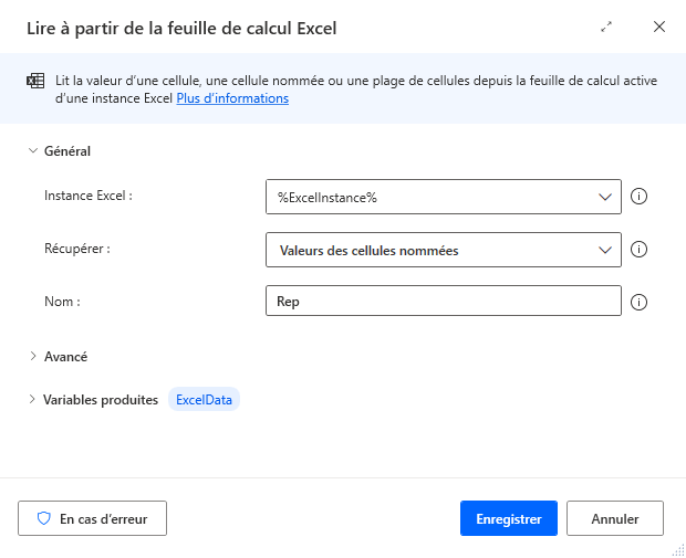 Capture d’écran de l’action Lire à partir de la feuille de calcul Excel.