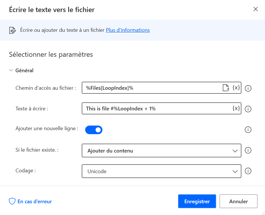 Capture d’écran de la boîte de dialogue des propriétés de l’action Écrire du texte dans un fichier.