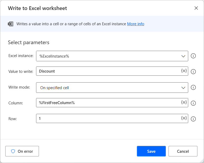 Capture d’écran de l’action Écrire dans une feuille de calcul Excel écrivant l’en-tête Remise.