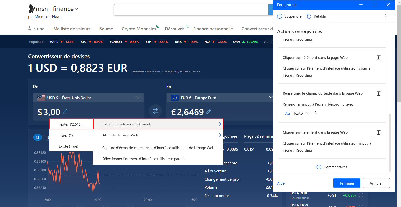 Capture d’écran de l’option d’extraction des euros convertis de la page du convertisseur de devises MSN.