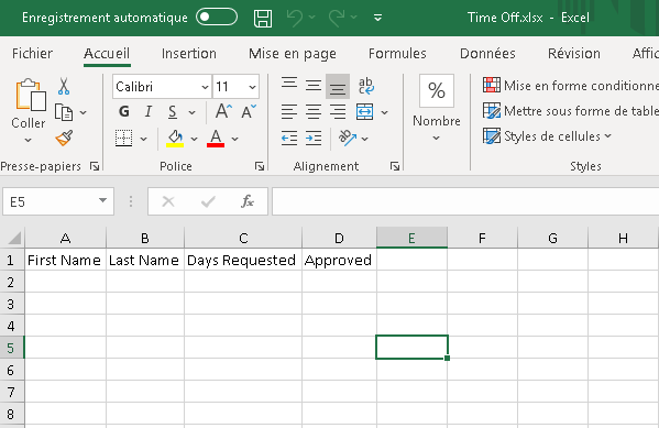 Capture d’écran de la feuille de calcul Excel avec les en-têtes ajoutés.