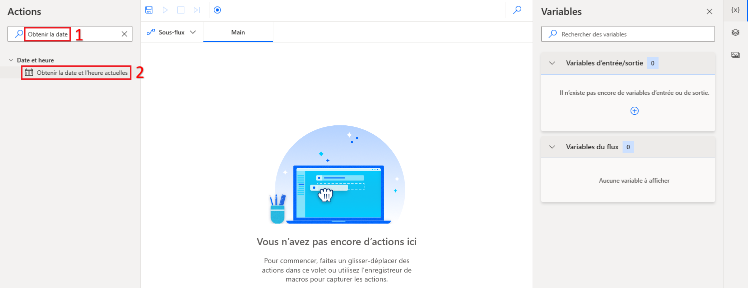 Capture d’écran de l’action Power Automate pour le bureau Obtenir la date et l’heure actuelles.