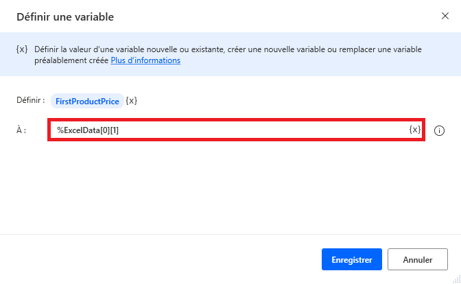 Capture d’écran de la notation pour accéder à un élément de table.