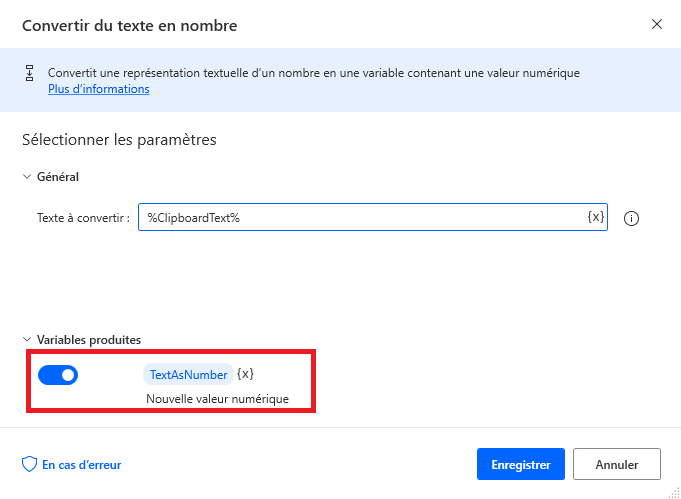 Capture d’écran de l’action Convertir du texte en nombre.