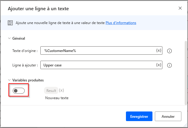 Capture d’écran de l’option permettant de désactiver une variable produite.