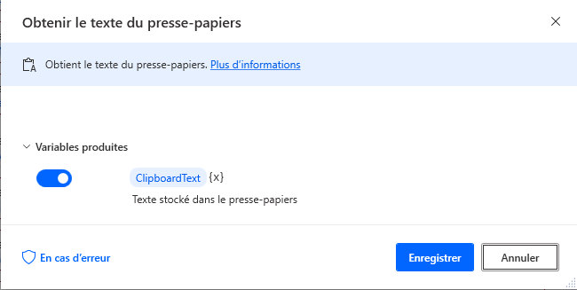 Capture d’écran de l’action Obtenir le texte du presse-papiers.