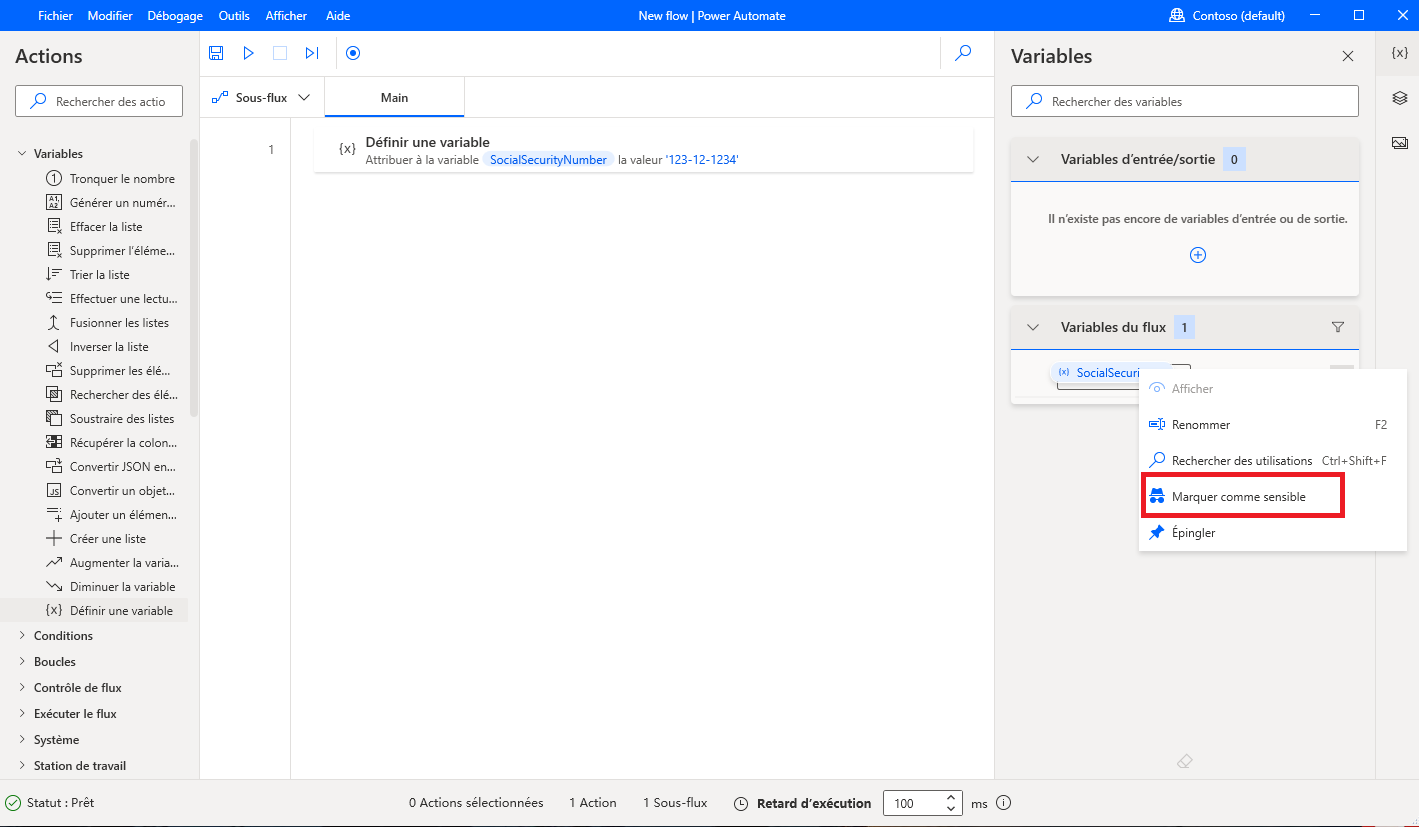 Capture d’écran de l’option Marquer comme sensible dans le concepteur de flux.