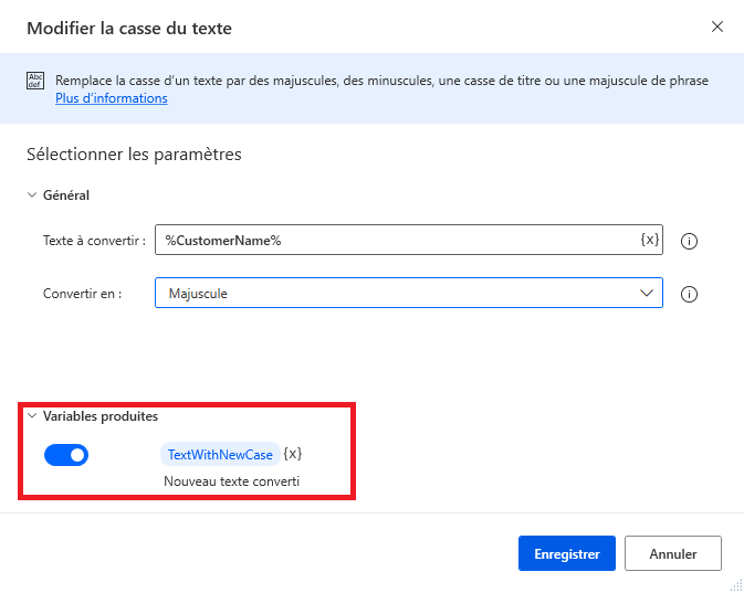 Capture d’écran de la variable produite de l’action Modifier la casse du texte.