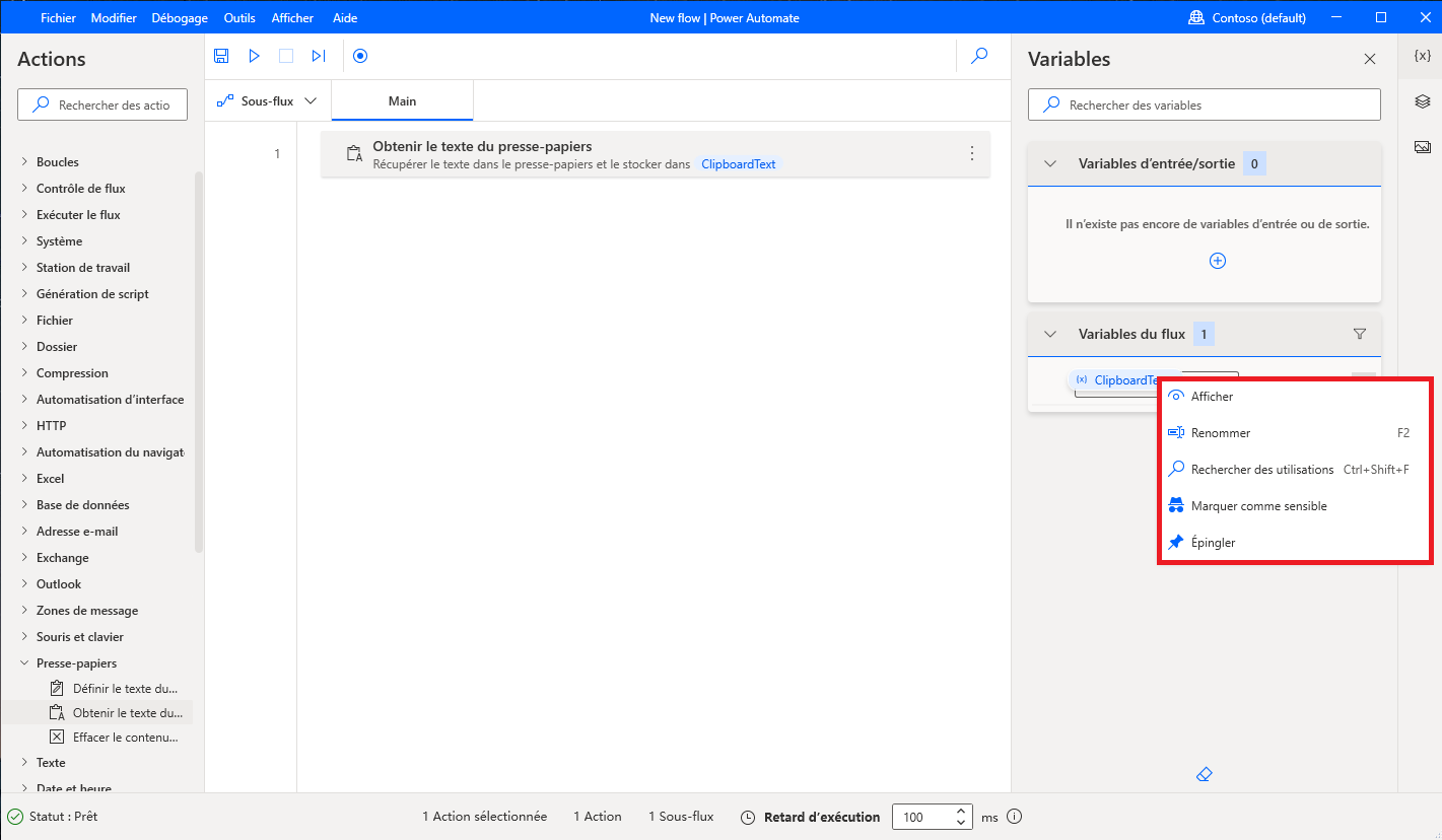 Capture d’écran des options d’utilisation Renommer et Rechercher de la variable.