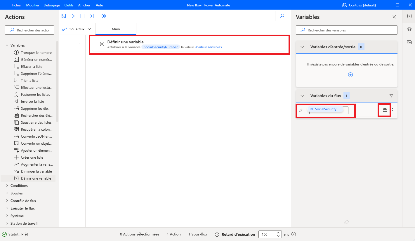 Capture d’écran d’une variable sensible dans l’espace de travail.