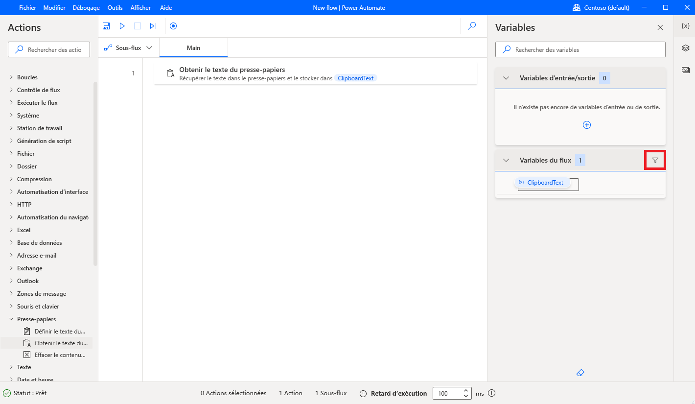 Capture d’écran du bouton de filtrage dans le volet Variables.