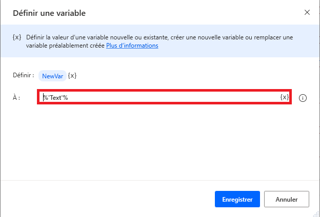 Capture d’écran d’une variable de texte codée en dur comme paramètre d’action.