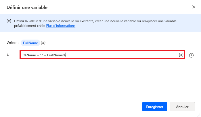 Capture d’écran d’une expression avec deux noms de variables.