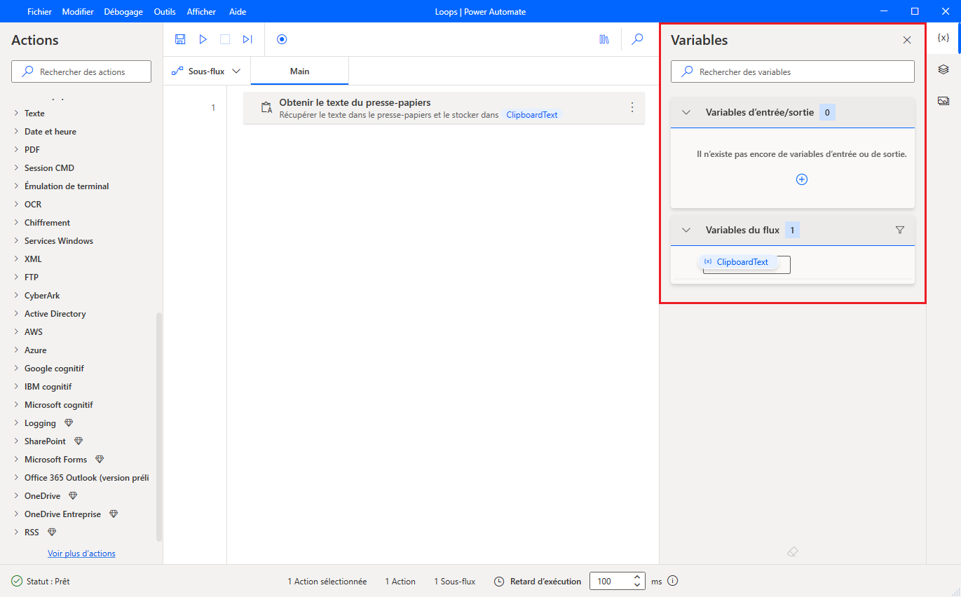 Capture d’écran du volet Variables dans Power Automate pour le bureau.