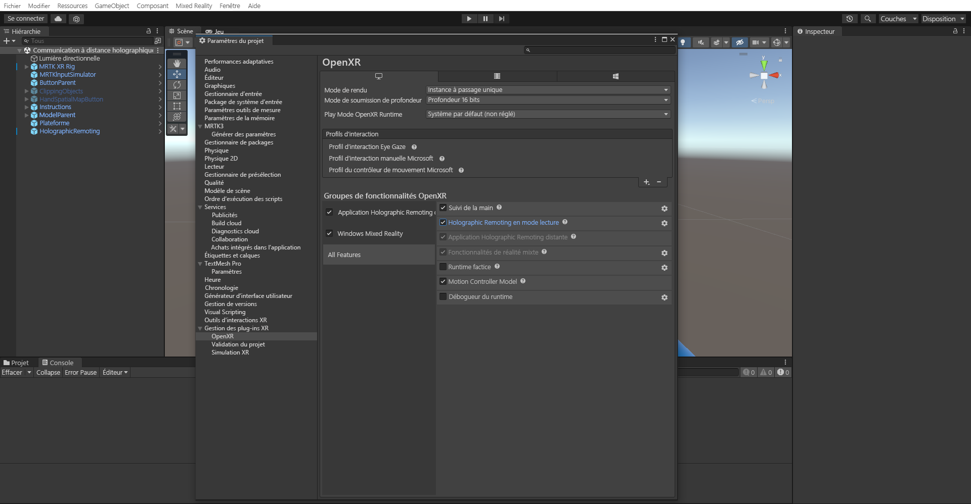 Screenshot of enabling Holographic Remoting for Play Mode.